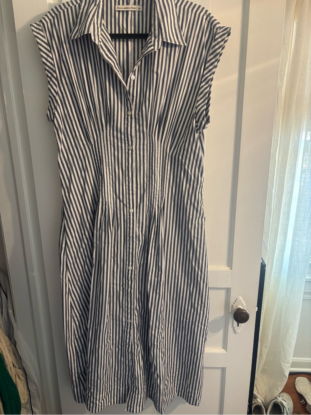Abercrombie & Fitch Navy and White Striped Midi Shirt Dress